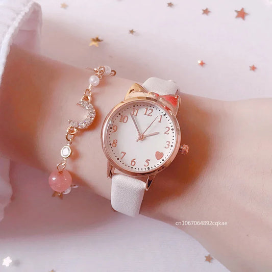 2pcs Fashion Women Watch Cute Love Digital Dial Female Student Quartz Watches Leather Strap Bracelet+Watch Set Gift Relojes